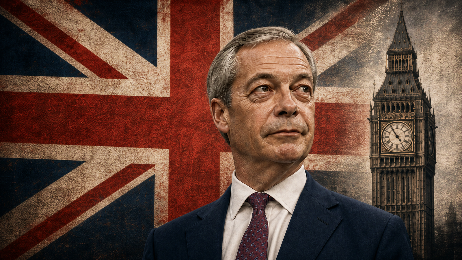 Editorial portrait of Nigel Farage before a weathered Union Jack and Big Ben